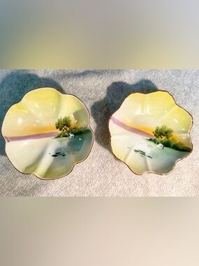Antique Noritake Bowls - Oriental Decor Landscape with Swan Dish Set 2pcs RARE!